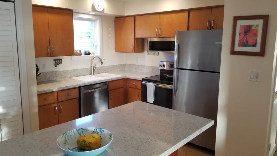 Fully stocked kitchen with luxury vinyl bamboo flooring & quartz counter tops