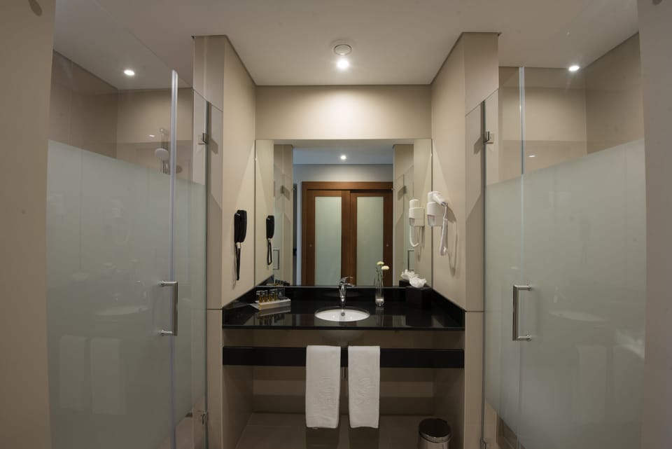 Shower, free toiletries, hair dryer, bathrobes