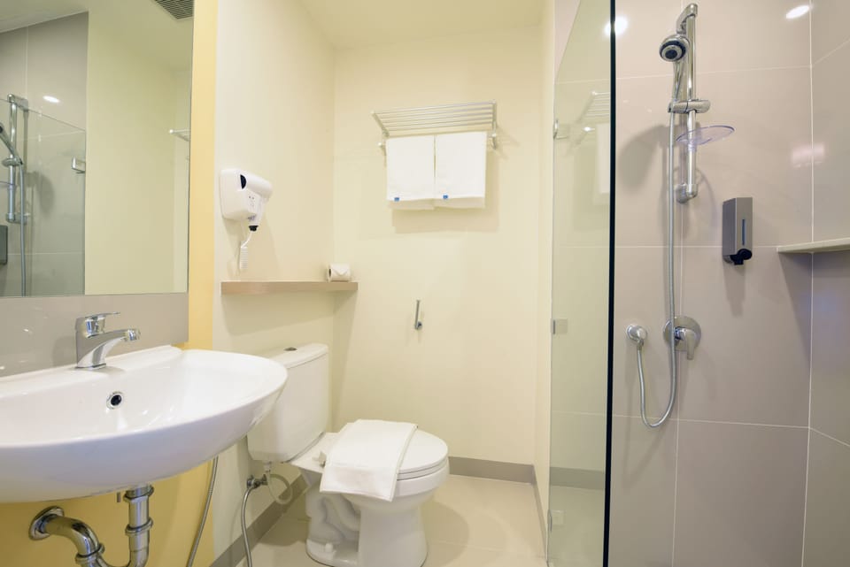 Shower, hair dryer, bidet, towels