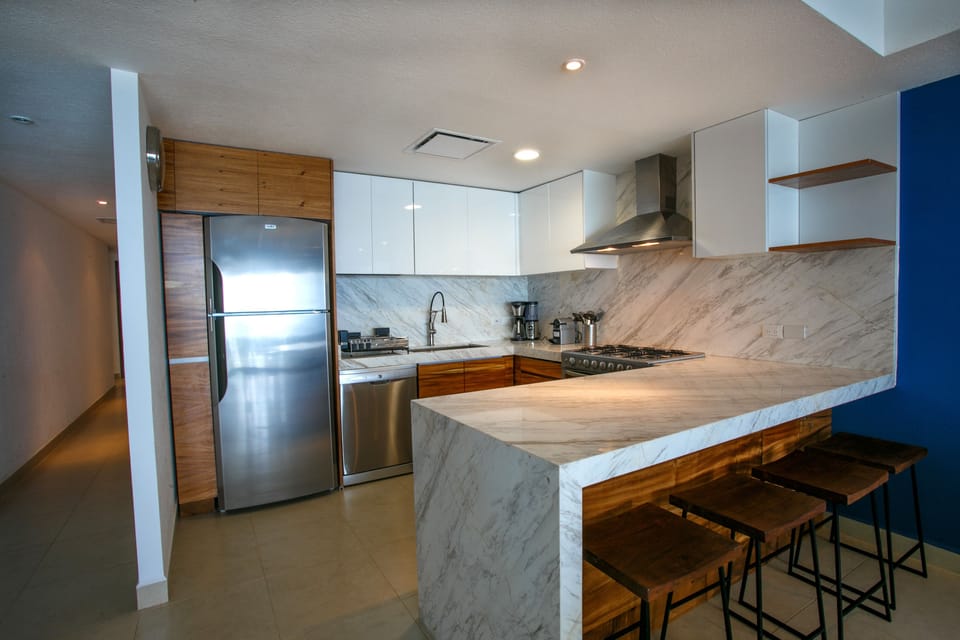 Upgraded kitchen with marble countertops