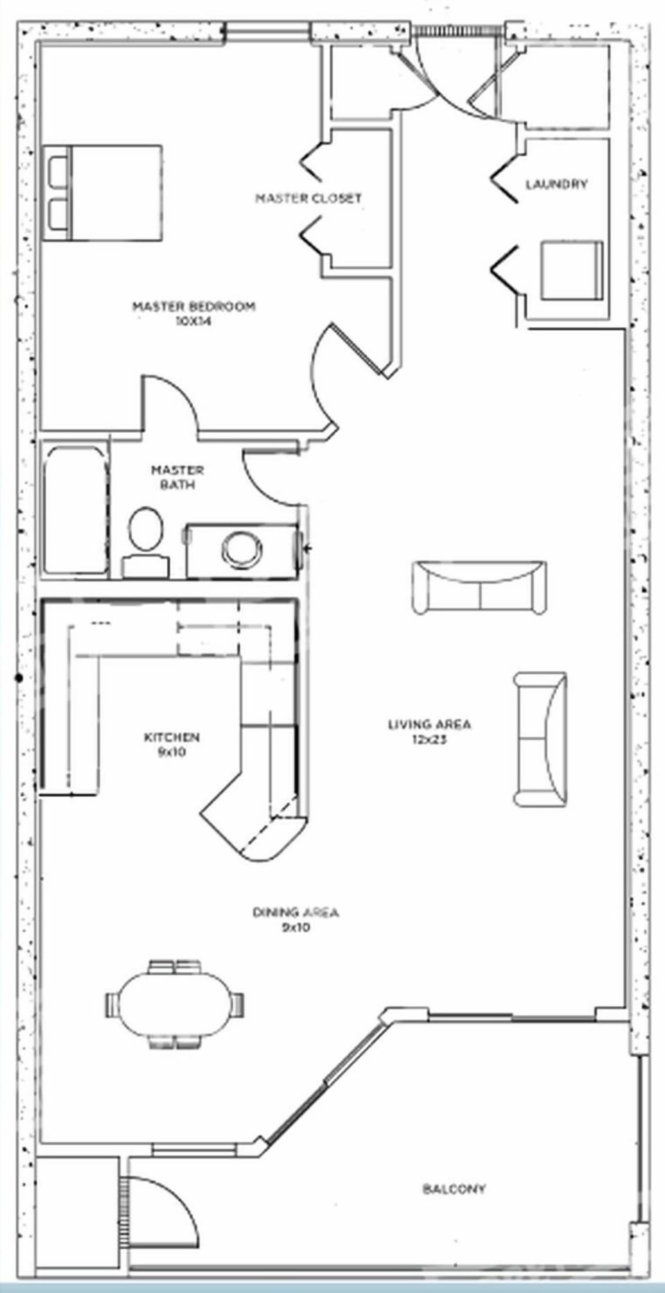 Floor plan showcasing a one-bedroom layout with a living area, kitchen, dining space, and balcony for a comfortable stay