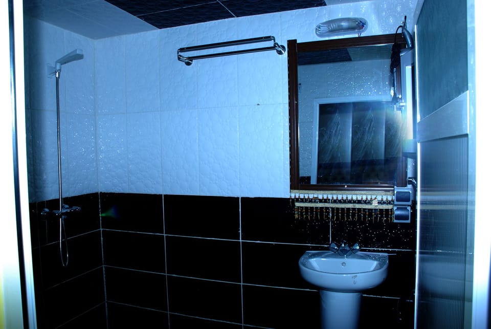 Shower, designer toiletries, hair dryer, slippers