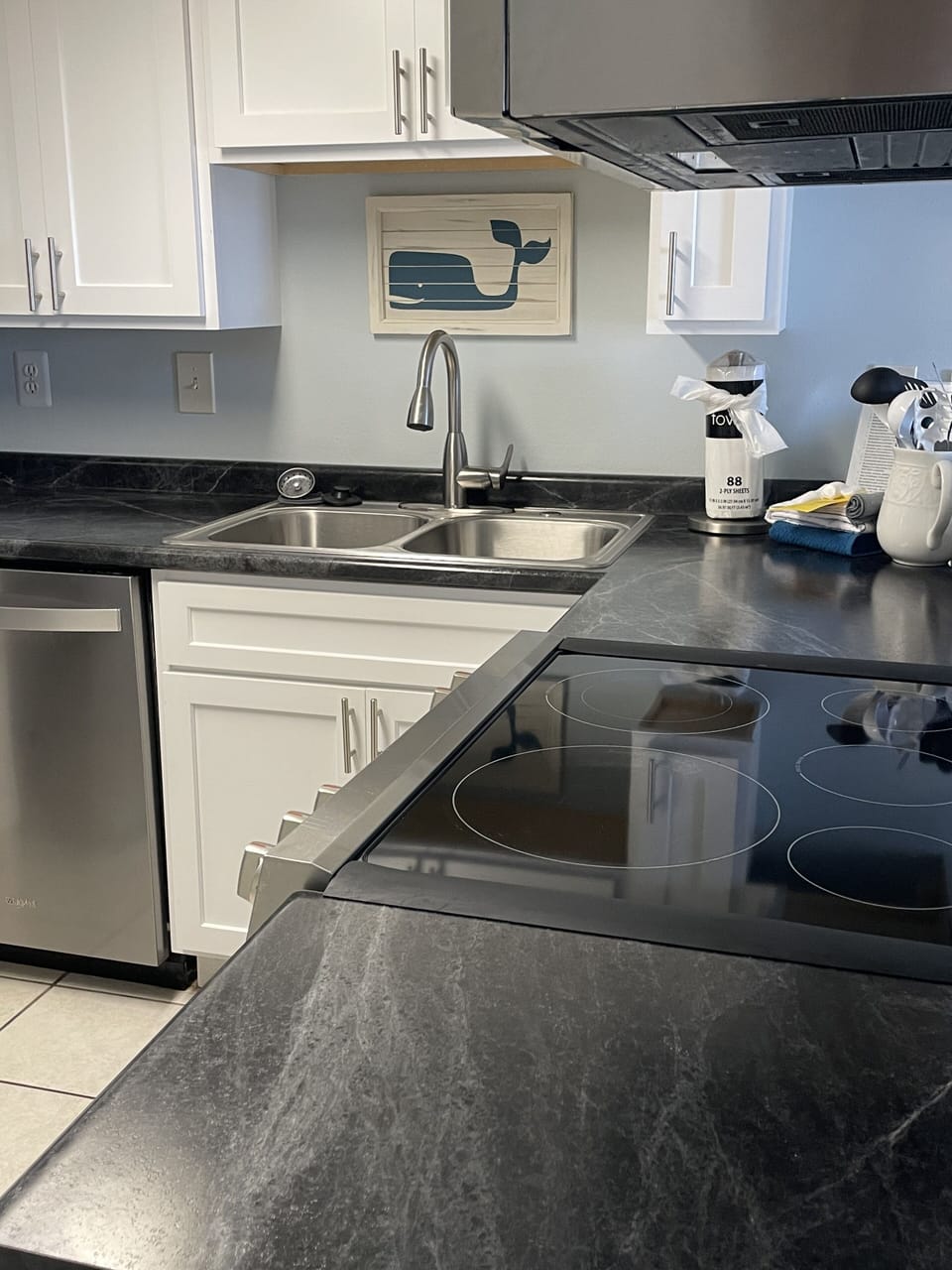 Spacious kitchen with all new countertops and new cabinets.