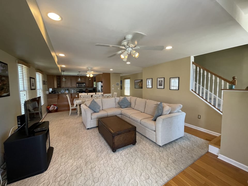 Long view showing Living room, dining room, kitchen