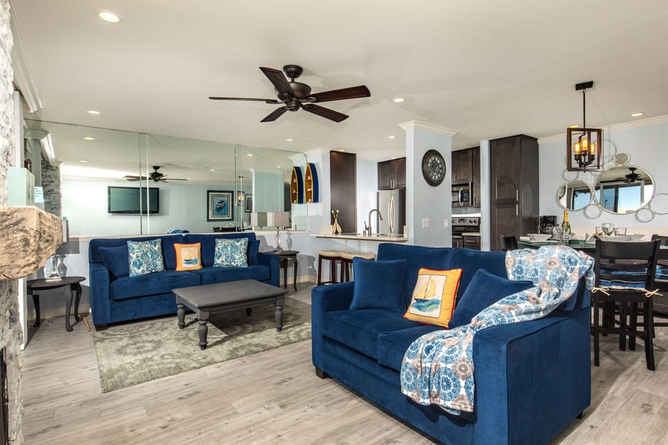 Living Room - The living room features gorgeous wood-look porcelain floors.