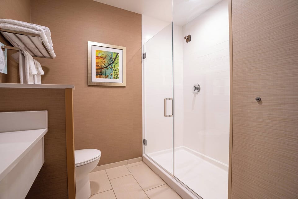 Separate tub and shower, free toiletries, hair dryer, towels