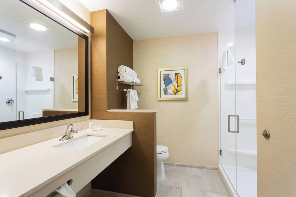 Shower, free toiletries, hair dryer, towels