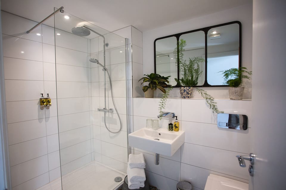 Shower, designer toiletries, hair dryer, towels