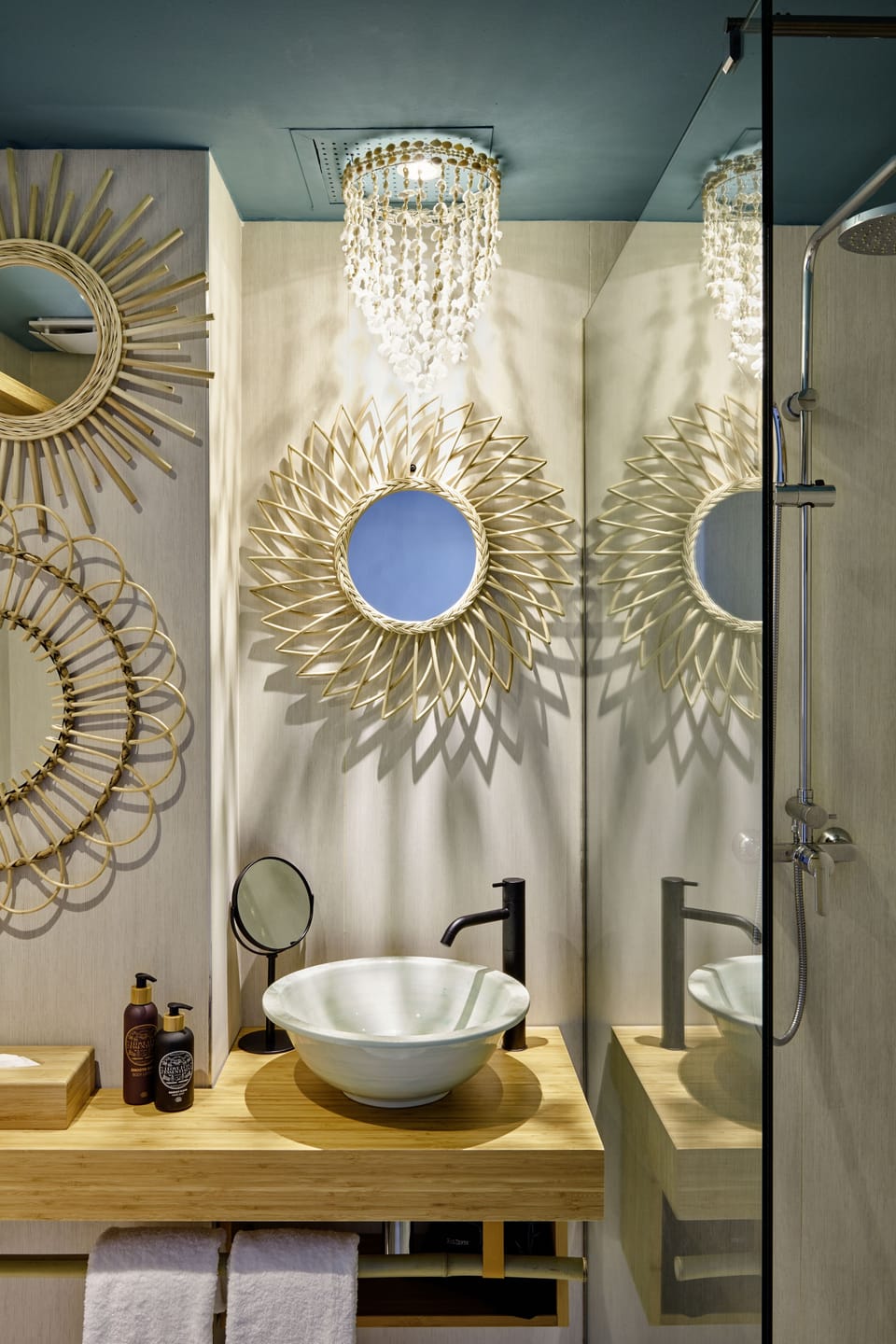 Shower, rainfall showerhead, designer toiletries, hair dryer