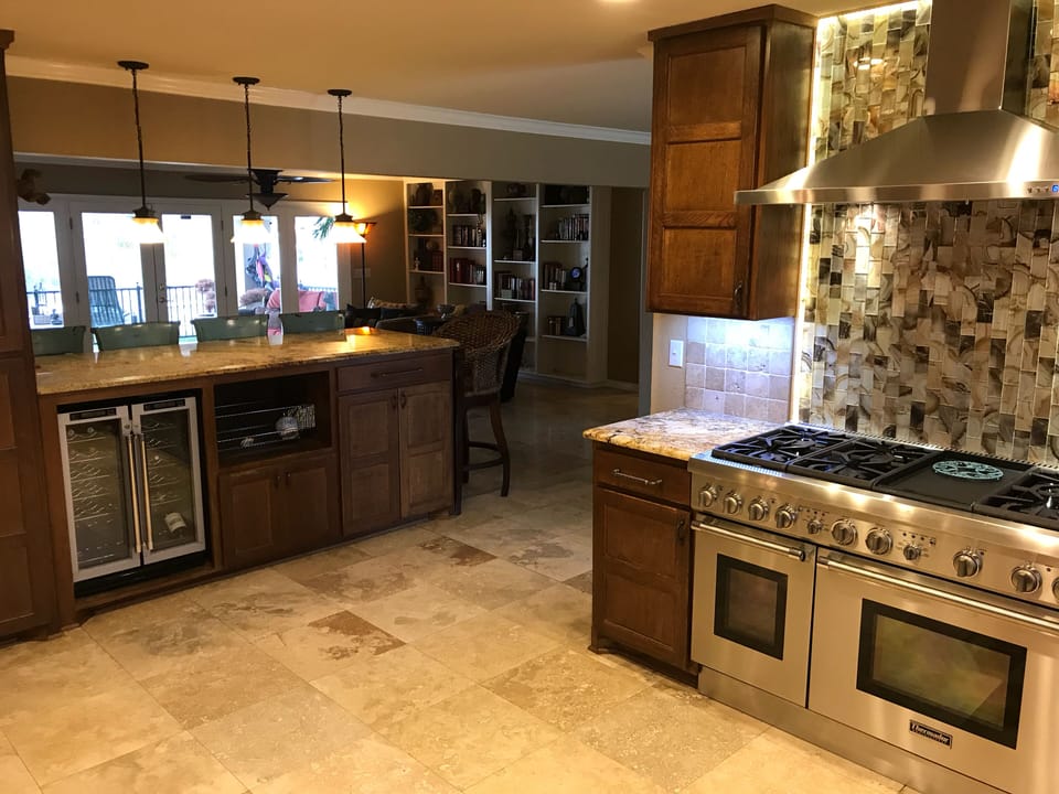 Kitchen, 6 burner Thermador range with griddle and double ovens, wine fridge