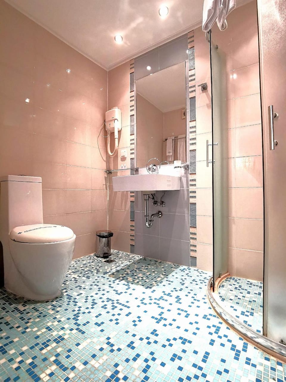 Shower, free toiletries, hair dryer, towels