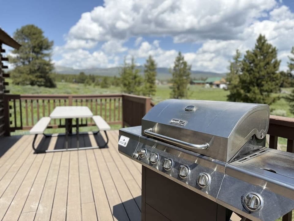 Propane grill and picnic table for outside dining.