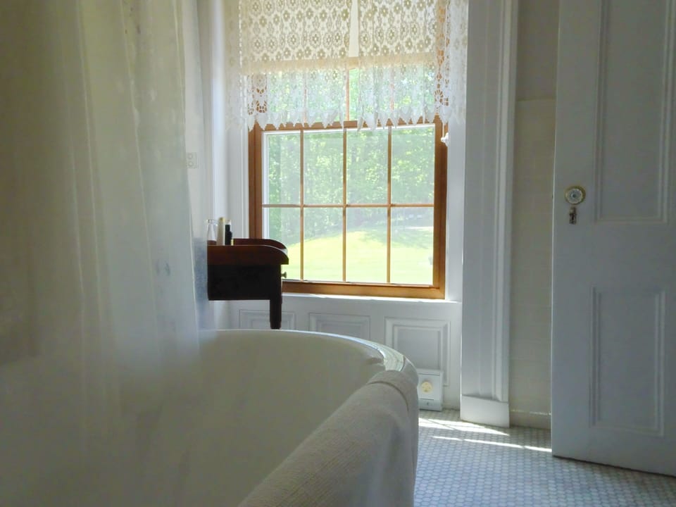 Combined shower/tub, deep soaking tub, free toiletries, hair dryer