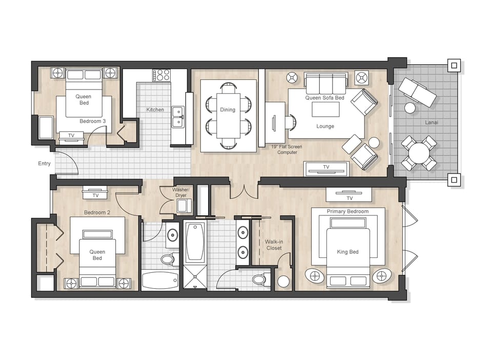 Second level 3-Bedroom floor plan - There are NO interior steps in this Villa. The desk has been moved so please refer to the photo just before the washer/dryer that shows the current living room layout.