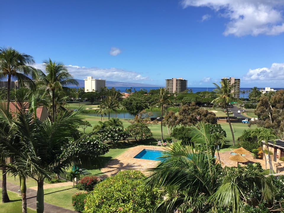 Oceanview from lanai. Lana'i island and golf course.