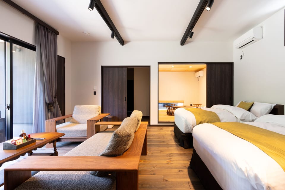 House [Tochi] Twin Bed Room, Japanese Style Room, Open-air Bath | Down comforters, minibar, in-room safe, desk
