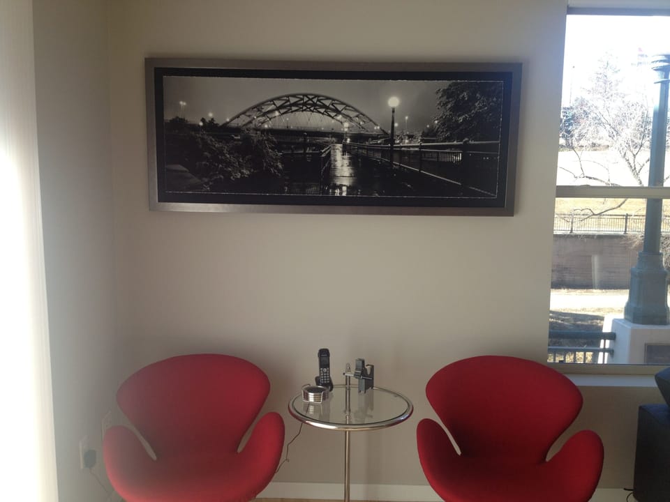 Modern furniture and a panoramic photo of the Speer Bridge (visible out the window) by local photographer Tony Eitzel are among the many thoughtful details that make this place special.