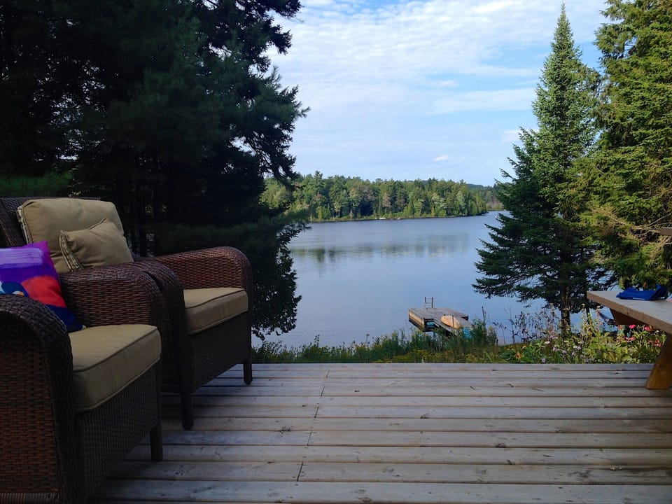 Large deck offers fantastic vista down lake.