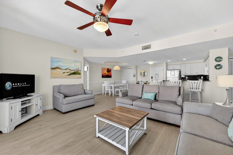 Living room, kitchen and dining room