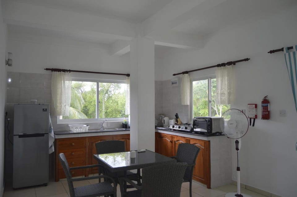 Full-size fridge, microwave, stovetop, electric kettle