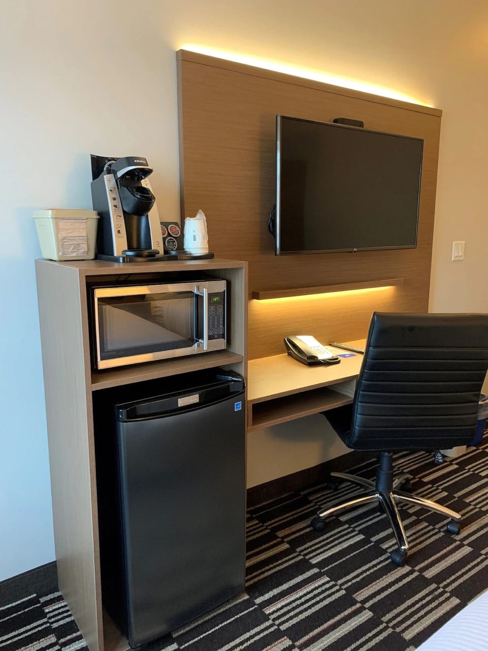 Desk, blackout drapes, soundproofing, iron/ironing board