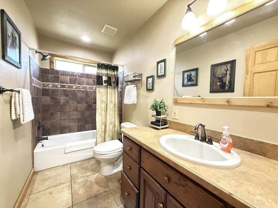 Main level bathroom with shower tub combo, toilet, and sink vanity. Bathroom is equipped with clean towels, toilet paper, shampoo, conditioner, and body wash.