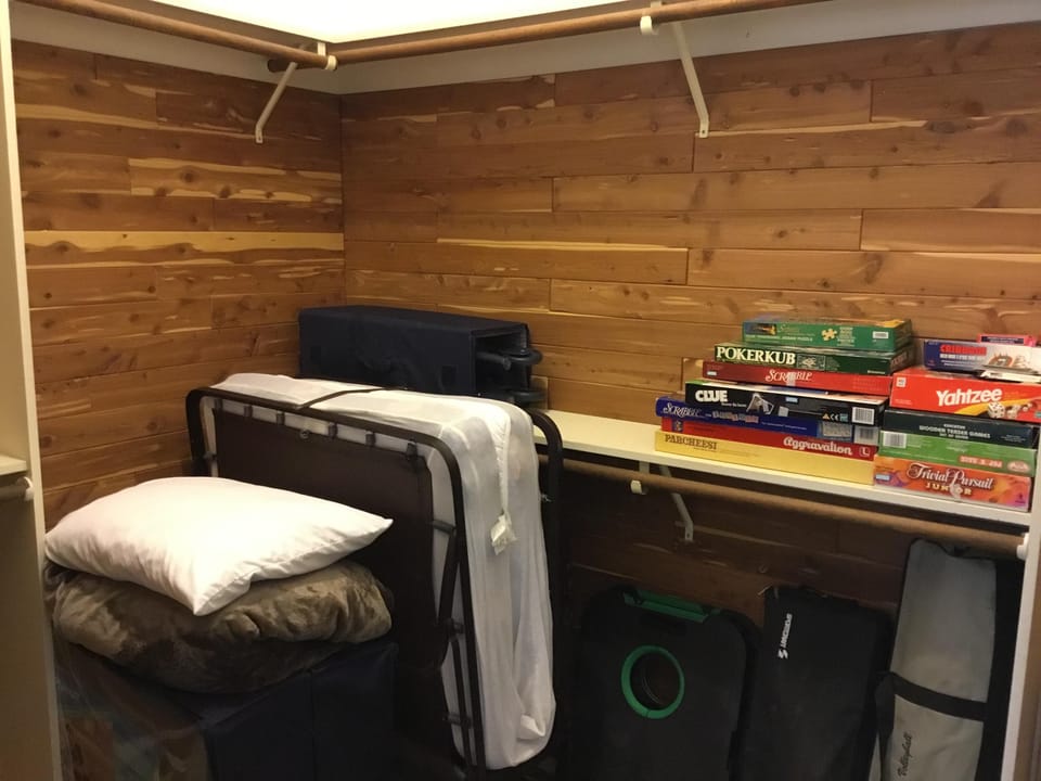 Roll away bed, pac n play, multiple games,bean bag toss, crochet, volleyball 