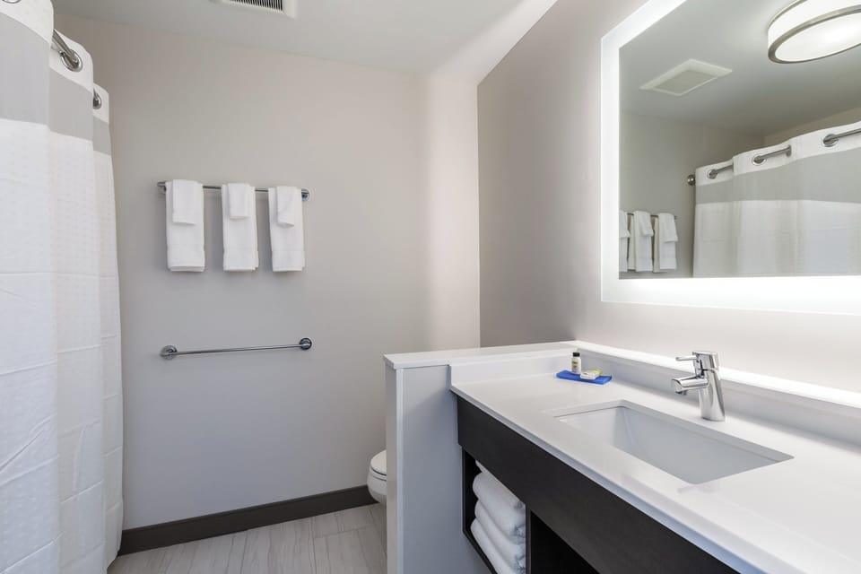 Combined shower/tub, free toiletries, hair dryer, towels