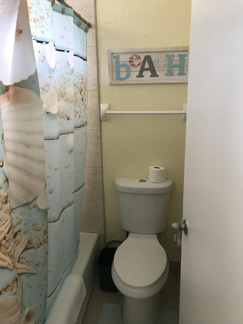 Second bathroom with tropical decor.