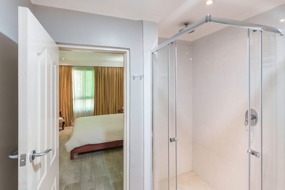 Shower, free toiletries, hair dryer, towels