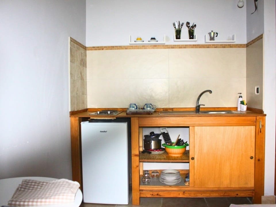 Romantic Double Room, 1 Bedroom, Kitchenette, Garden View | Private kitchen | Mini-fridge, stovetop, cookware/dishes/utensils, cleaning supplies