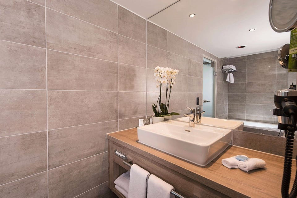 Combined shower/tub, free toiletries, hair dryer, towels