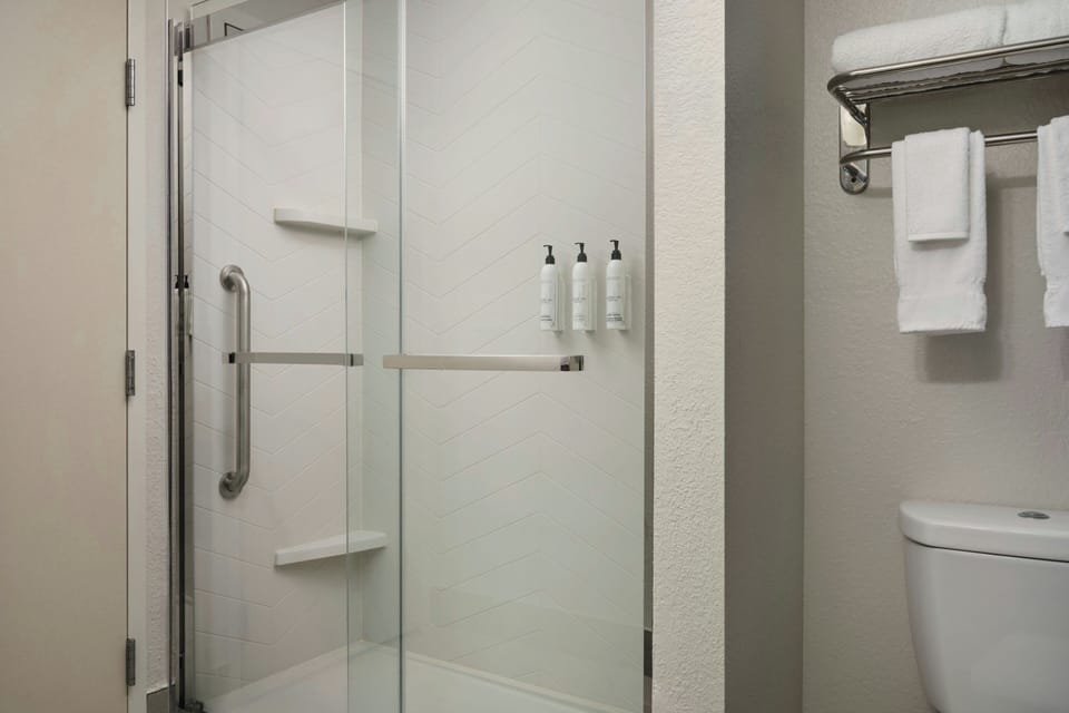 Combined shower/tub, free toiletries, hair dryer, towels
