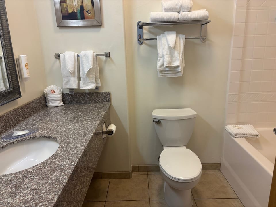 Combined shower/tub, hair dryer, towels