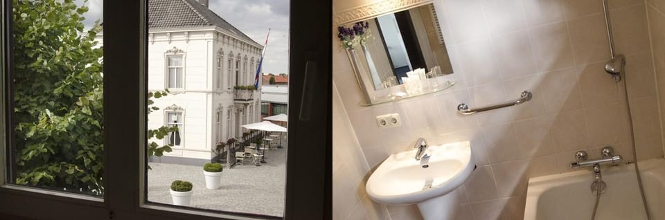 Combined shower/tub, free toiletries, hair dryer, towels