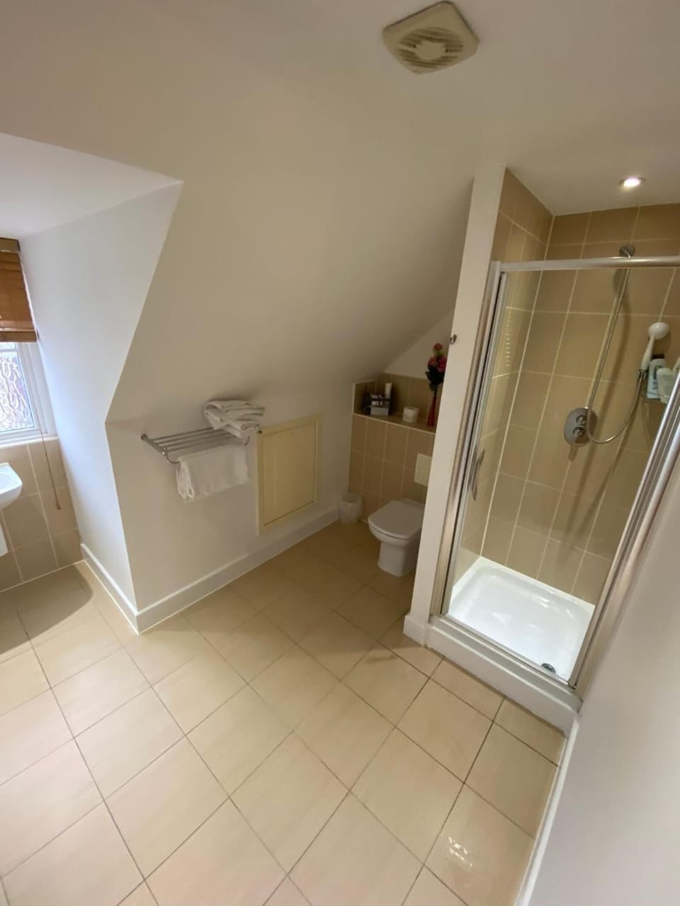 Shower, free toiletries, hair dryer, towels