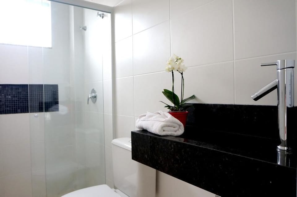 Shower, free toiletries, hair dryer, towels