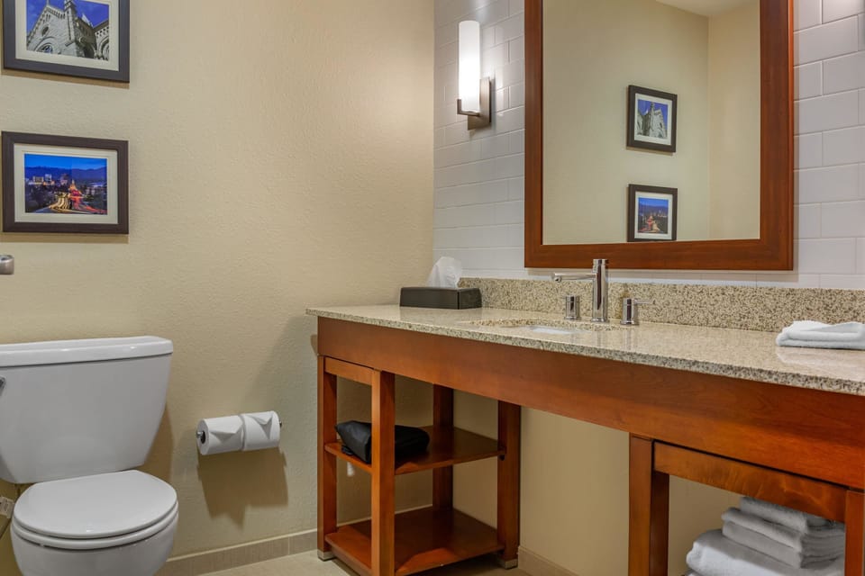 Combined shower/tub, towels, soap, shampoo