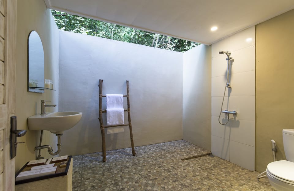 Shower, eco-friendly toiletries, hair dryer, bathrobes