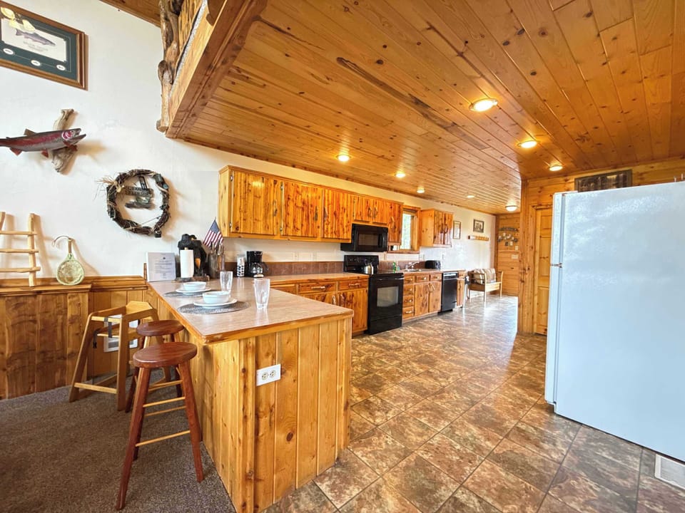 View from the living room into the large kitchen