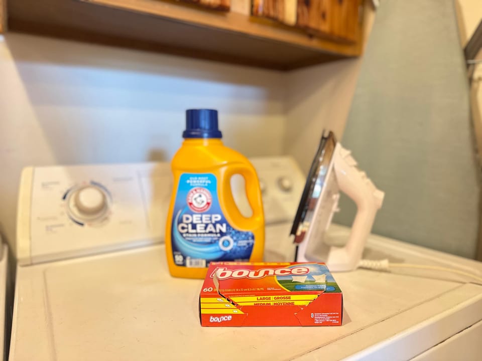 Laundry soap provided. Iron and ironing board.