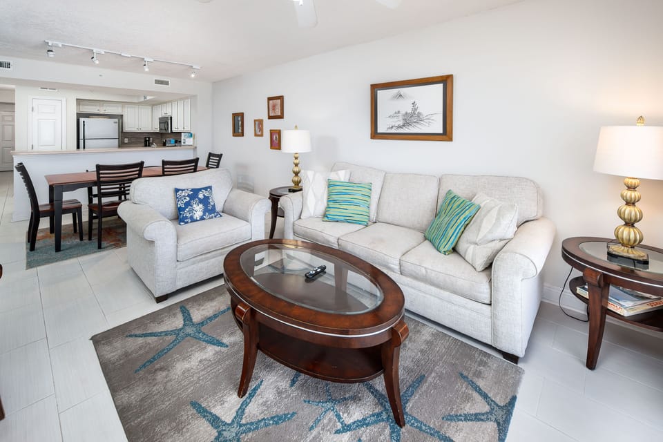 Living room - Coastal colors make this space the perfect place to relax in the evening after a day at the beach.