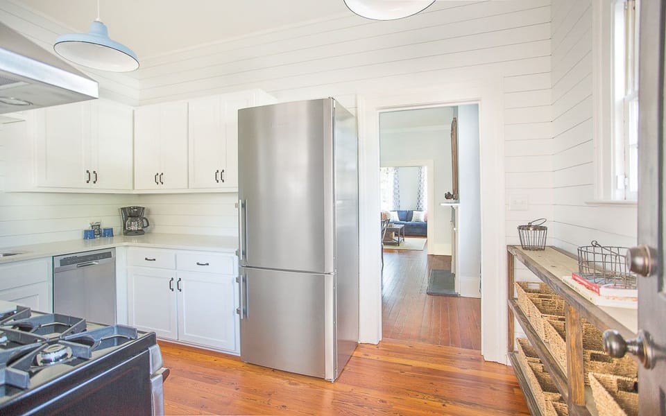 The kitchen is towards the back of the house.