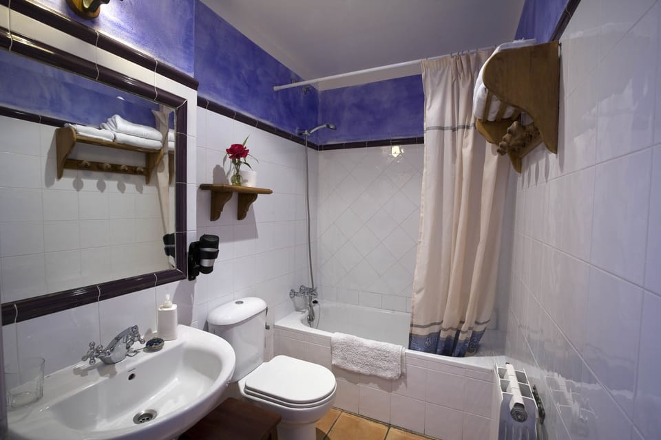 Combined shower/tub, free toiletries, towels