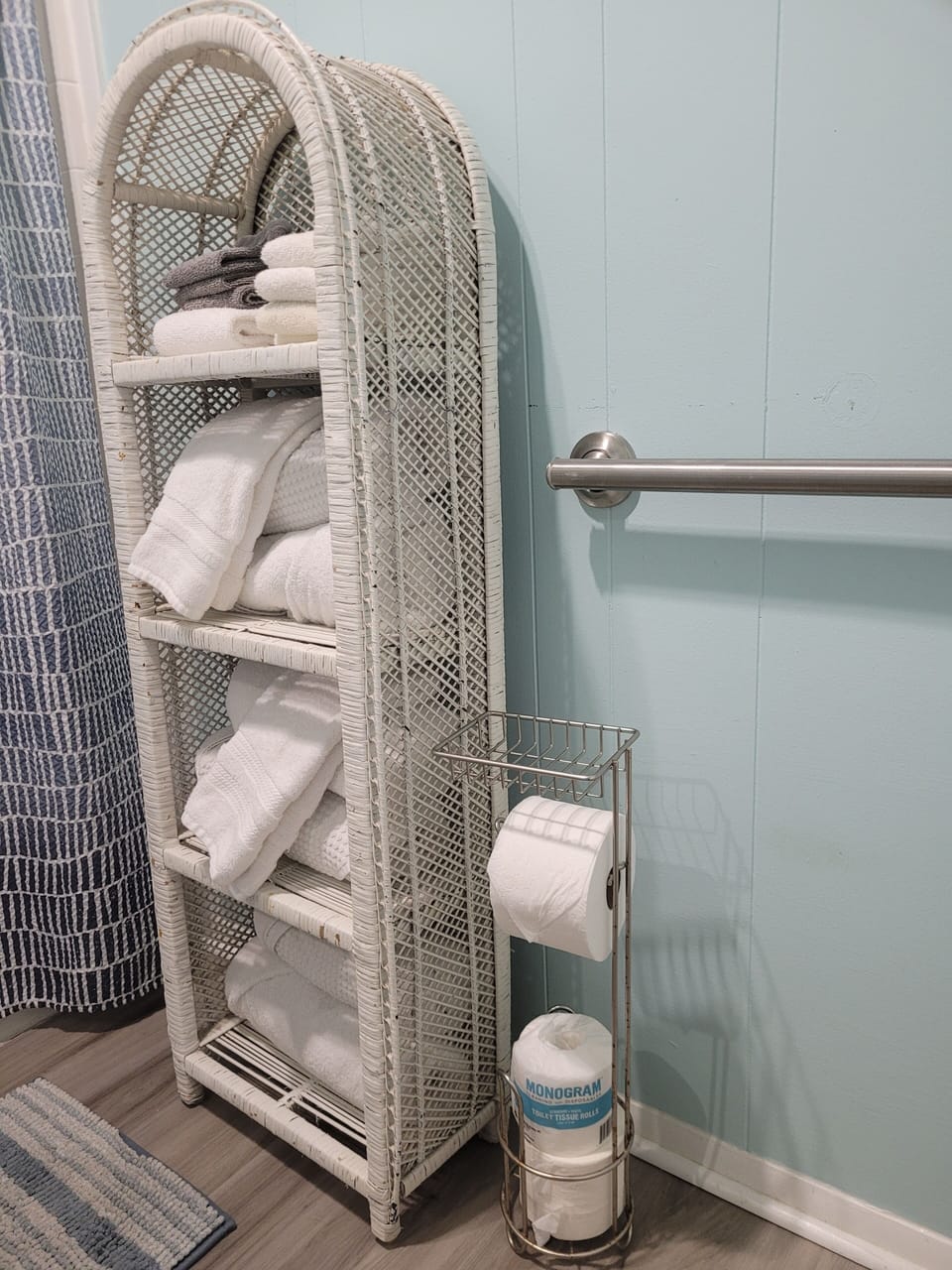 Plenty of storage in brightly lit bathroom
