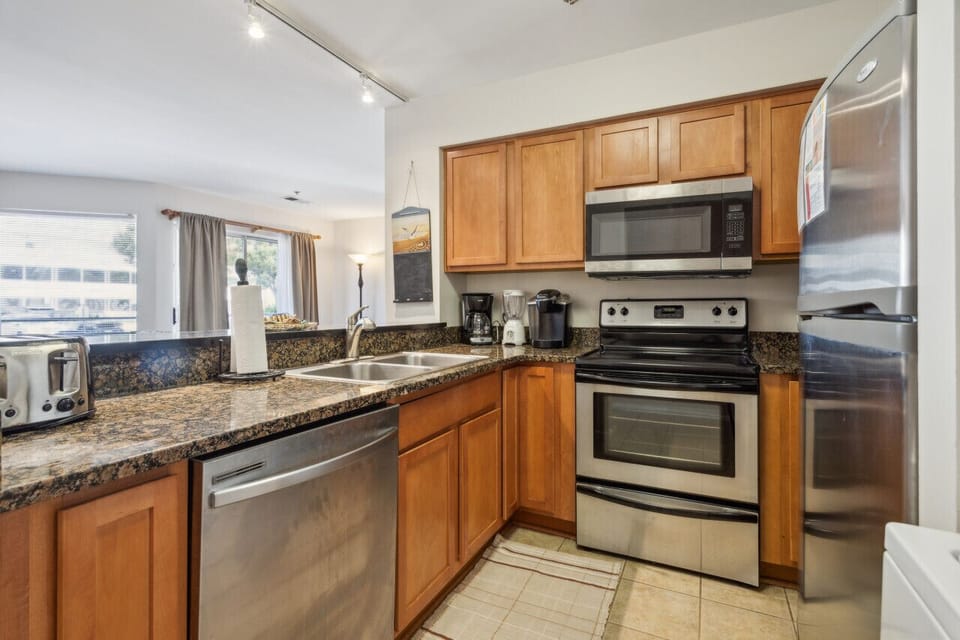 This galley kitchen features everything you need for your getaway.