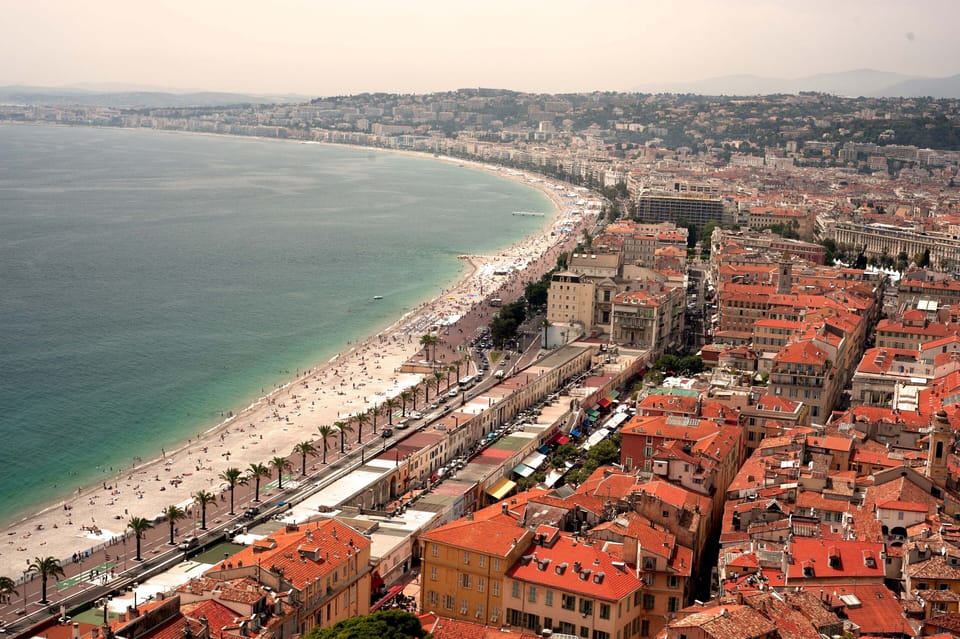 Panoramic view of Promenade des Anglais and the Baie des Anges towards airport