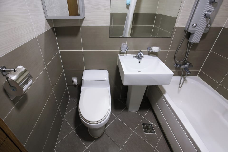Combined shower/tub, free toiletries, hair dryer, slippers