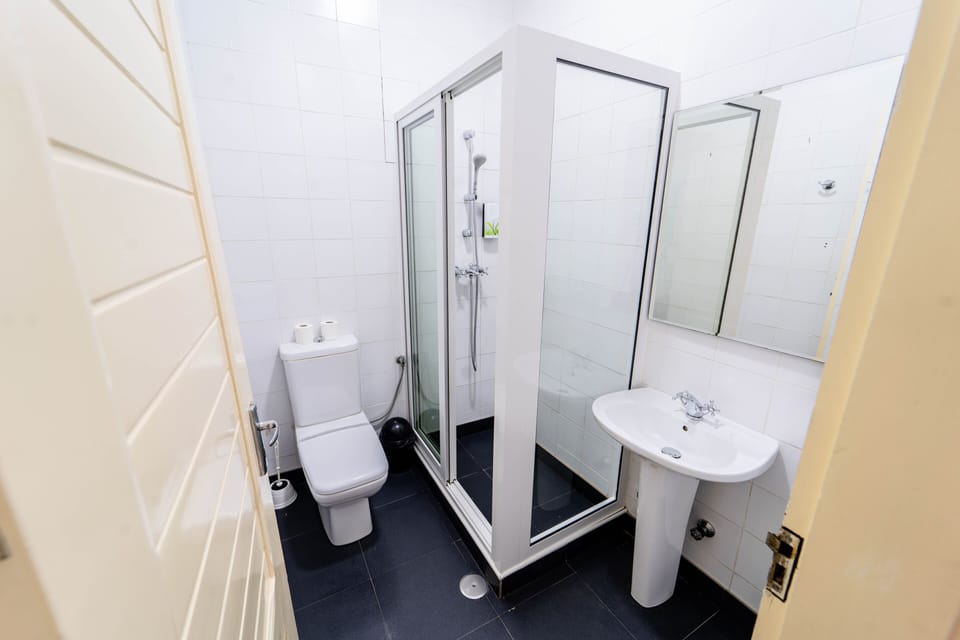 Shower, free toiletries, hair dryer, towels