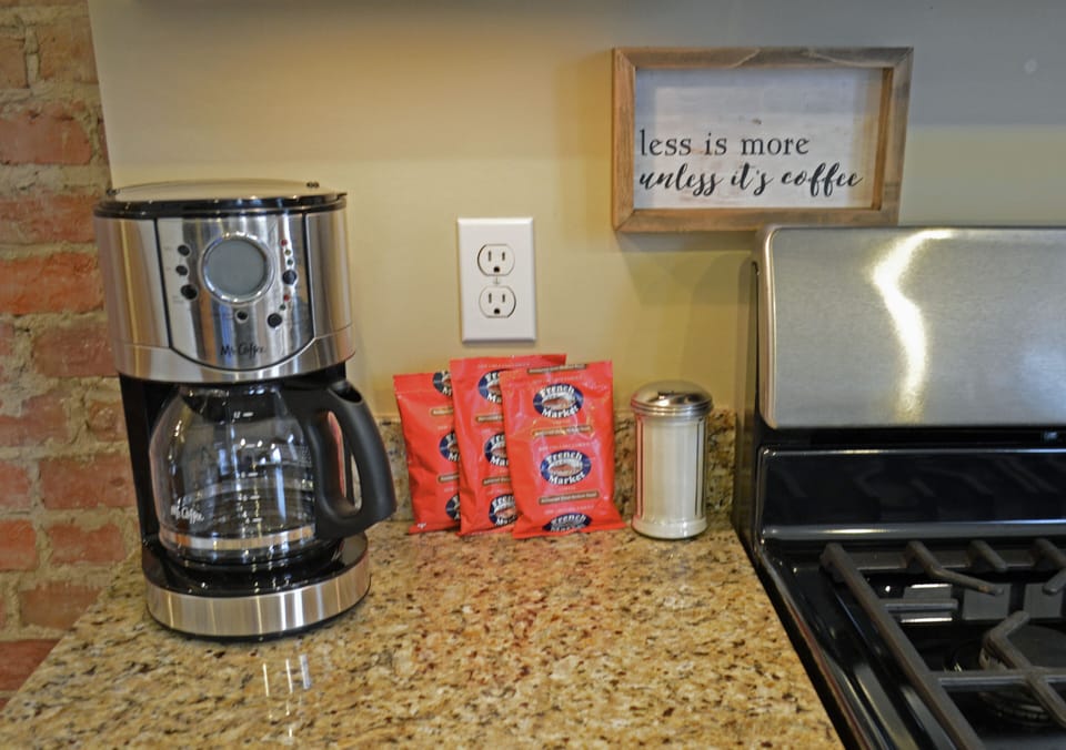 We provide three, 12 cup packets of French Market Coffee and a handful of liquid creamers